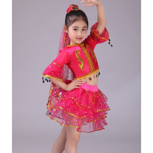 girls kids children chinese folk dance dresses xinjiang belly dance costumes indian belly dance dresses